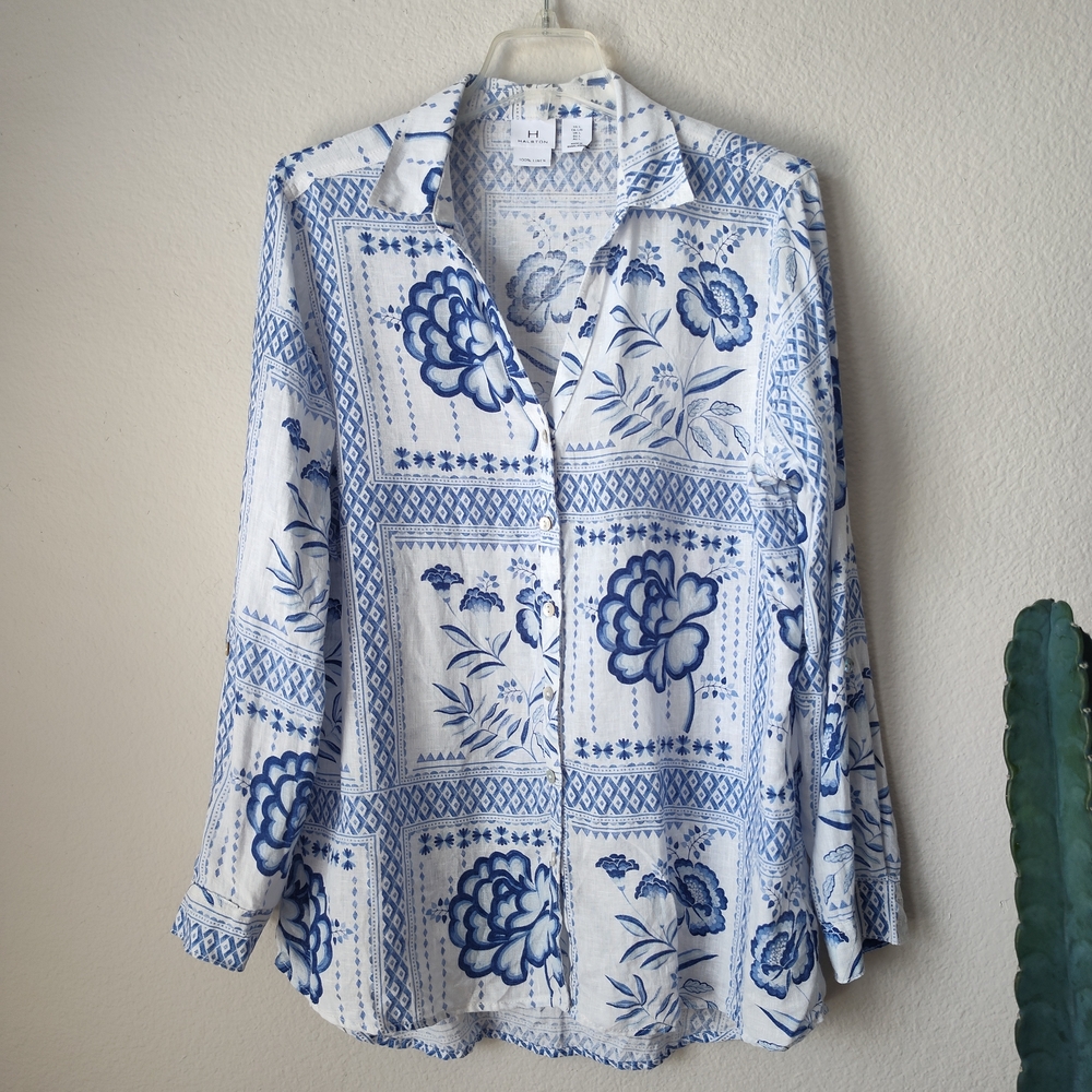 H Halston  Linen Blue and White Linen Top